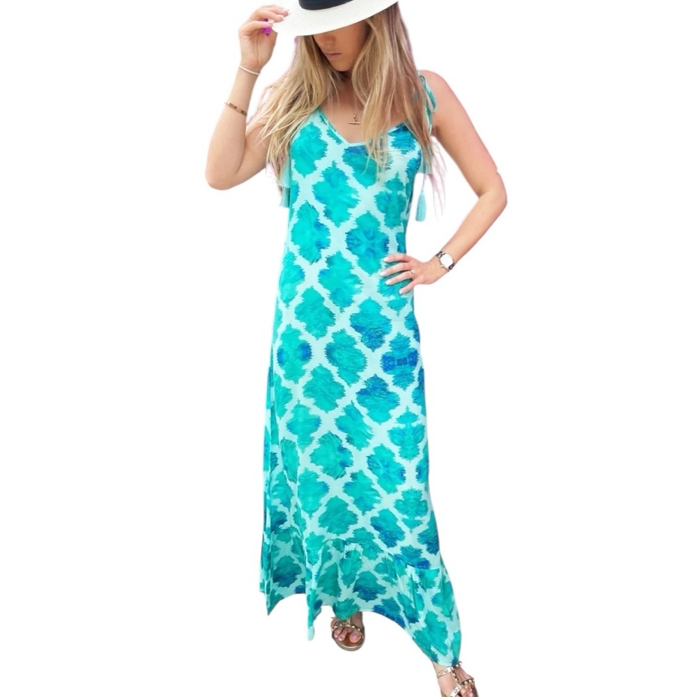 New Sophia-Alexia London Jade Paradise Maxi Sun Dress Size M/L Green Tasseled